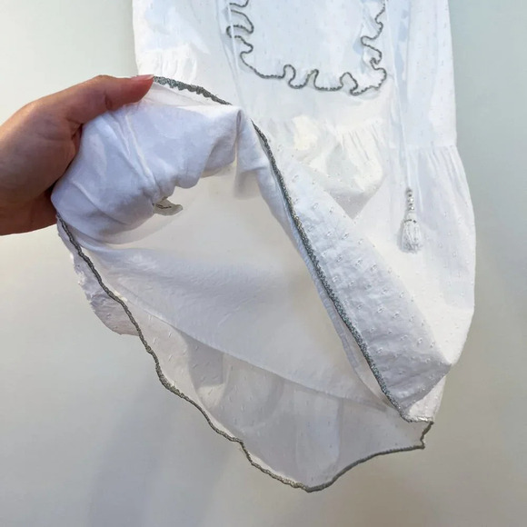 FLANNEL White Cotton Ruffled Tassle Tie Bohemian Cottagecore Designer Mini Dress - Picture 3 of 9